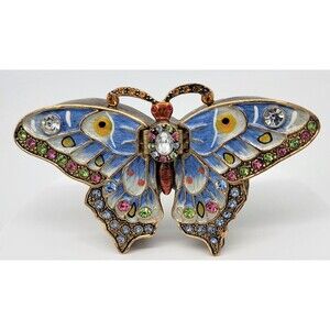 Kingspoint Butterfly Double Wing Trinket Box Rhinestones Enamel Gold Tone Hinged